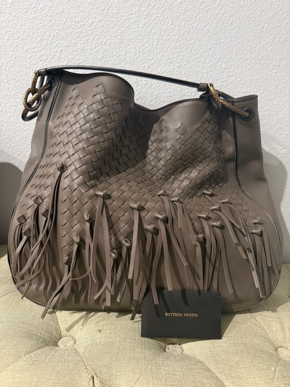 Authentic Bottega Veneta Taupe Intrecciato Fringe Shoulder Bag